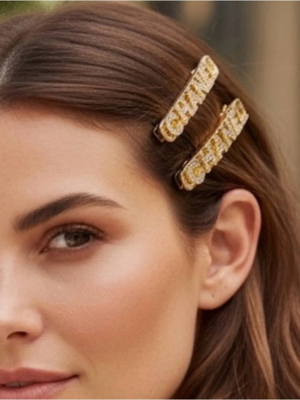 Compliments of CHANEL - 2 Gold Rhinestone Metal Hair Clips - New in bag